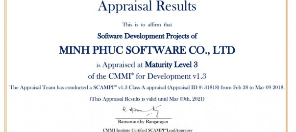 Minh Phuc Software đạt chứng chỉ CMMi Level 3